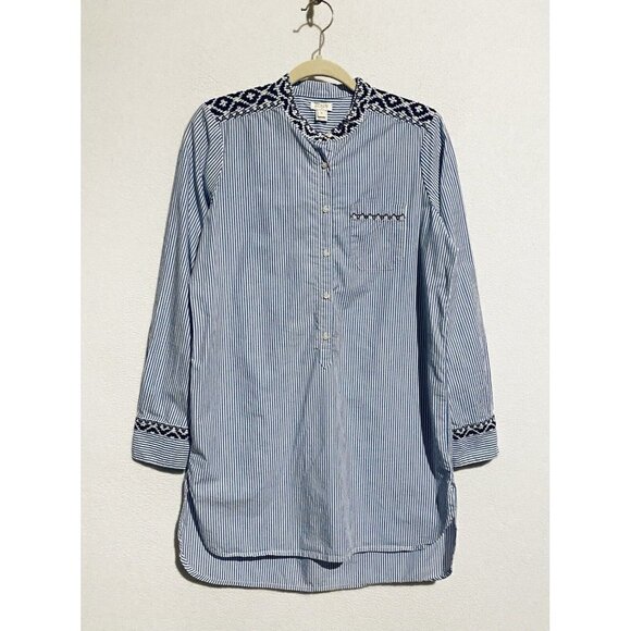 J Crew Top Womens Small Striped Embroidered Popover Tunic Hi Low Hem Cotton - Picture 1 of 8